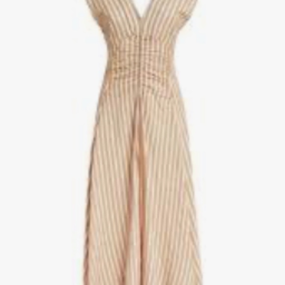 Sandro Paris Anym Ruched Embroidered Striped Twill Midi Dress (size EU 40) - Picture 2 of 10